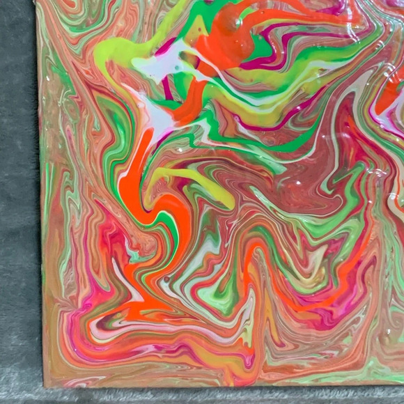 Original Paint Pour with neon pink, coral, green, yellow, & white on 8x8 canvas - Picture 4 of 7